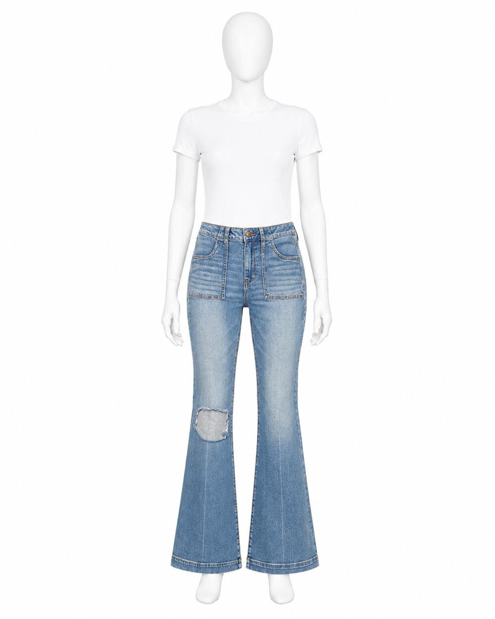 American Eagle Super Hi-Rise Flare Jeans Women’s 8 27x28 Blue Distressed Patch